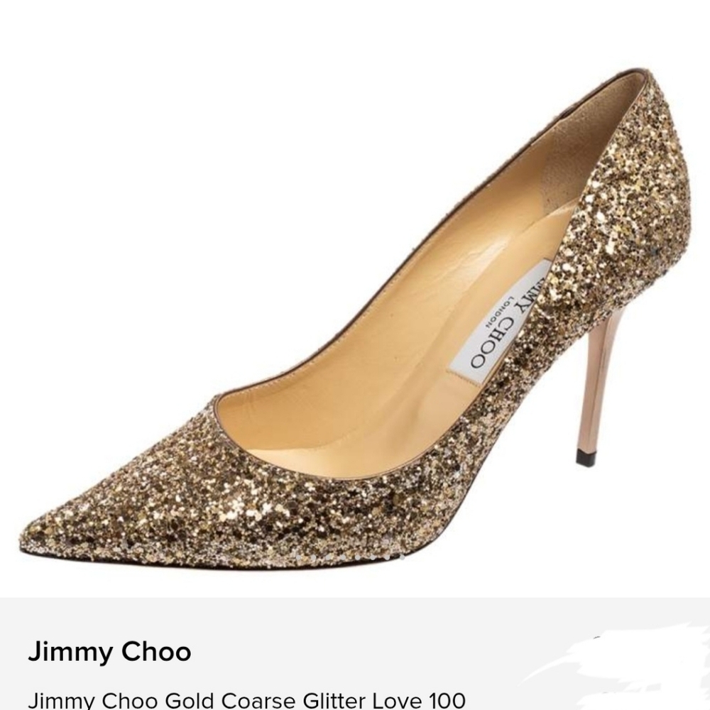 Jimmy Choo Gold Coarse Glitter Love 100 Pointed-Toe Pumps Size 37.5 US 7